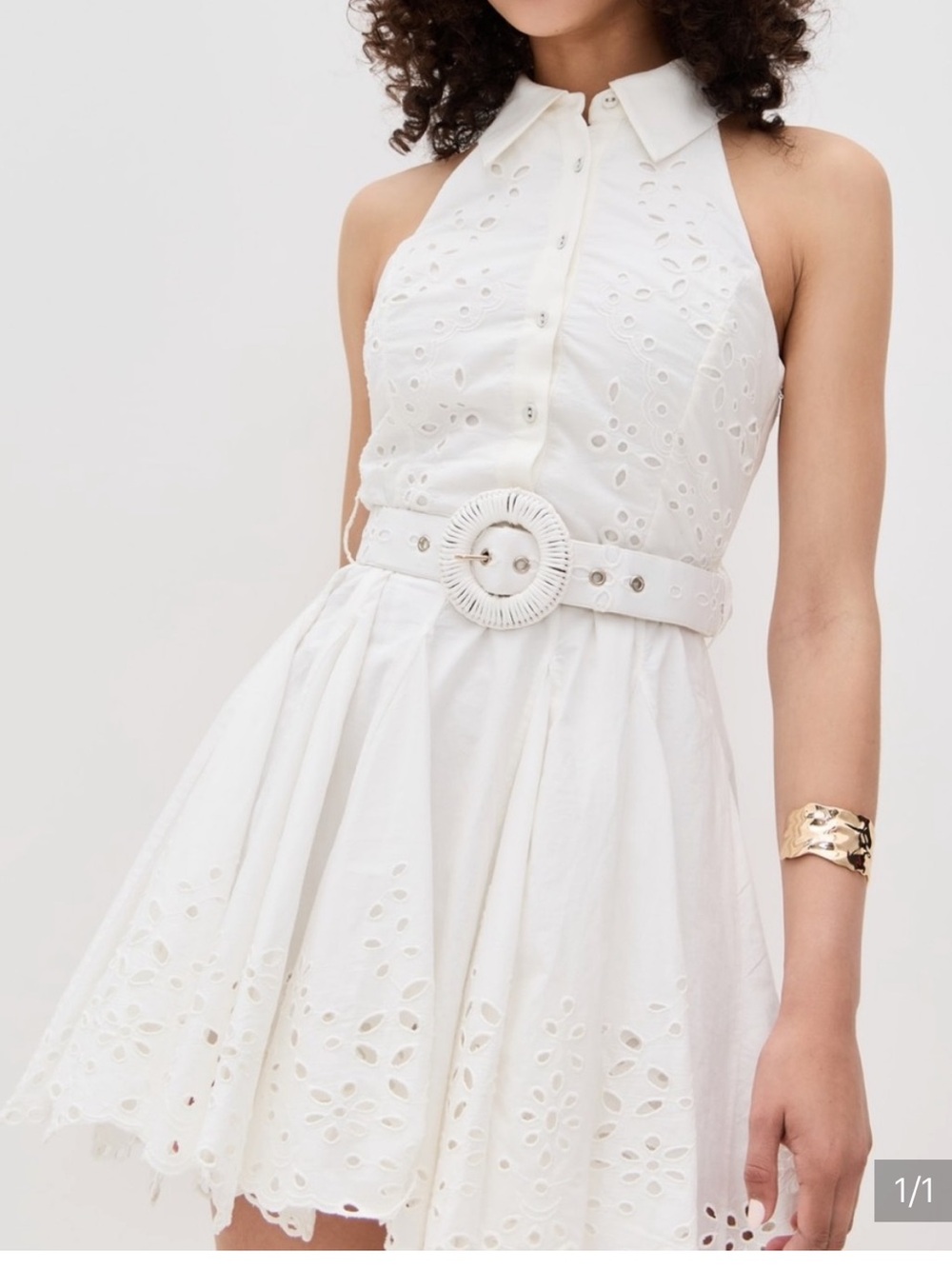 HEMANT & NANDITA White Eyelet Halter Belted Mini Dress